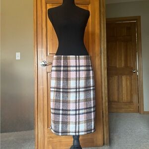 Plaid Wool Blend Midi Skirt in Pink, Blue, & Brown